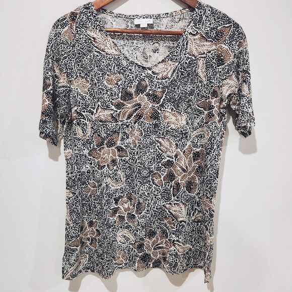 J. Jill Love Linen Black Gold Linen Floral Short Sleeve Blouse Size Small Beach - Picture 1 of 10